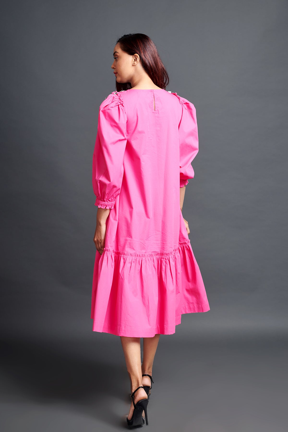 Image of PINK GATHERED HEM DRESS IN COTTON BASE WITH CUTWORK EMBROIDERY. From savoirfashions.com