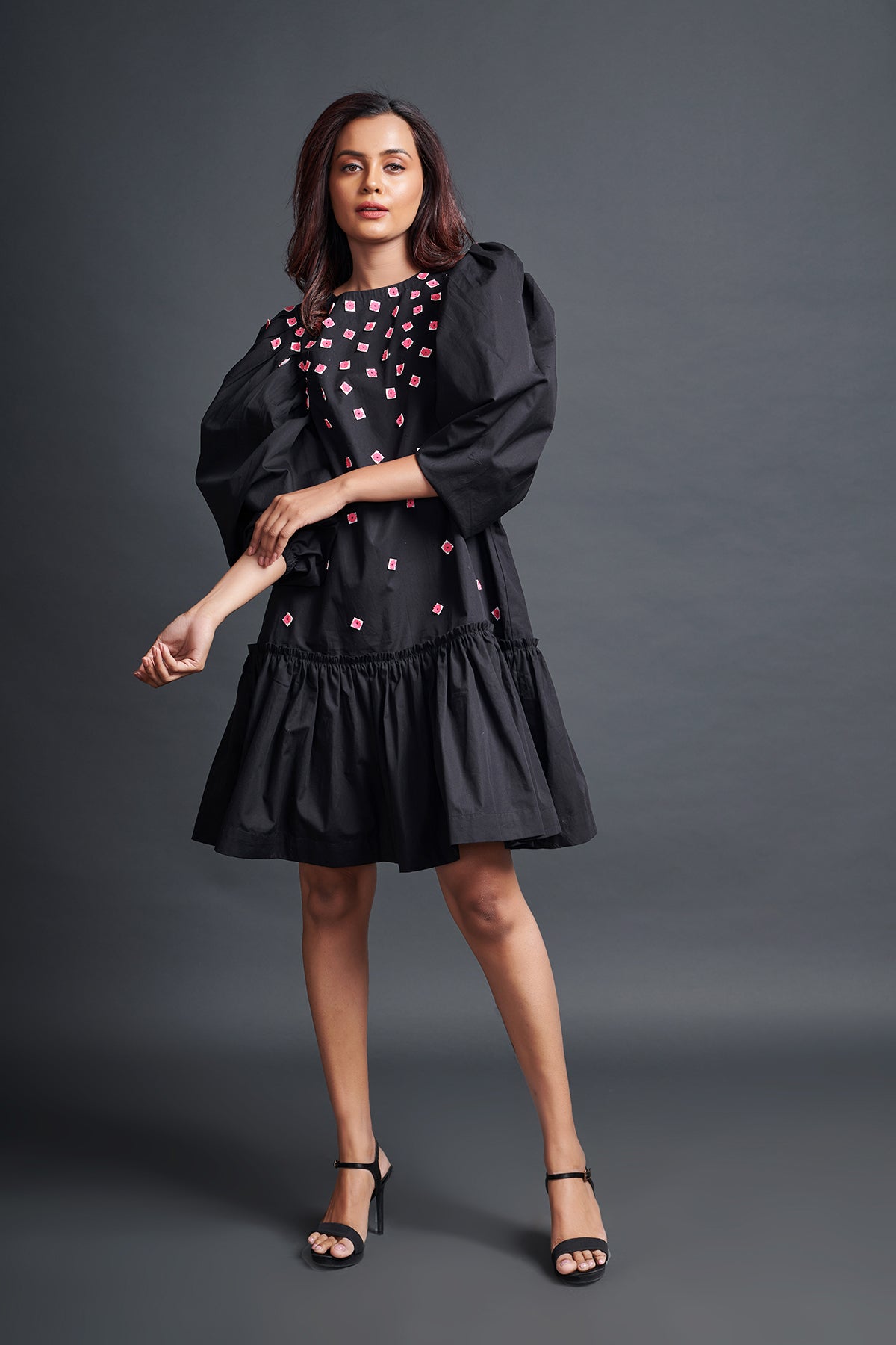 Image of BLACK GATHERED BACKLESS DRESS IN COTTON BASE WITH CUTWORK EMBROIDERY. From savoirfashions.com