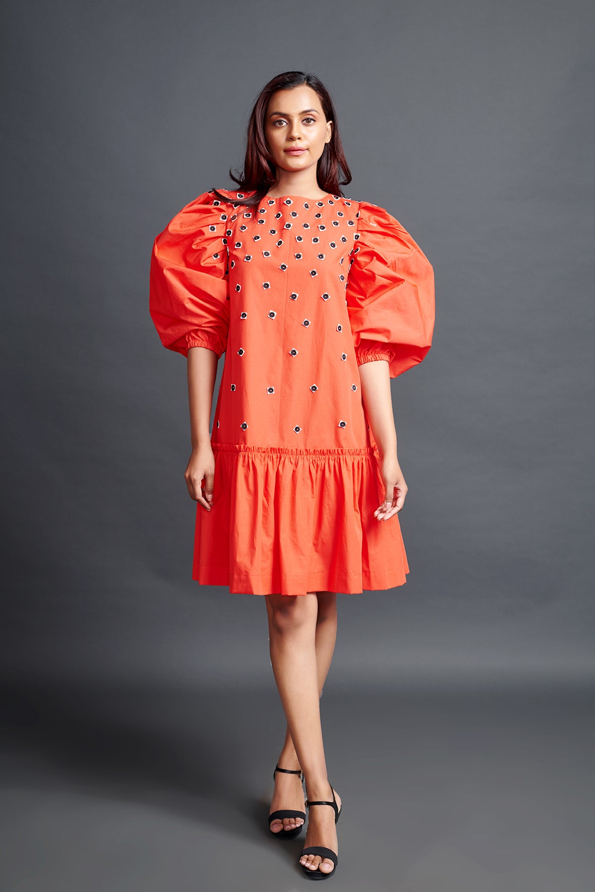 Image of ORANGE GATHERED BACKLESS DRESS IN COTTON BASE WITH CUTWORK EMBROIDERY. From savoirfashions.com