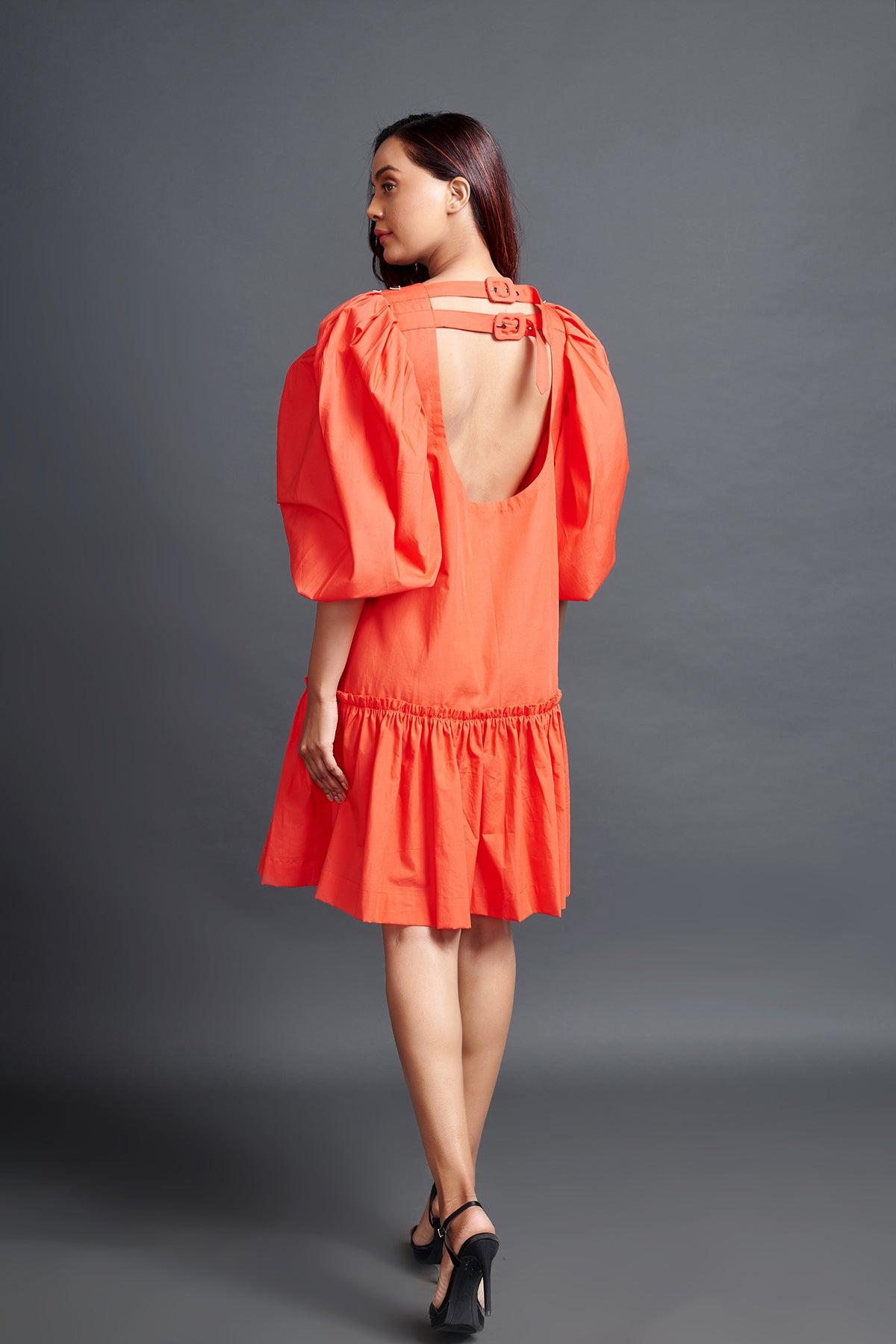 Image of ORANGE GATHERED BACKLESS DRESS IN COTTON BASE WITH CUTWORK EMBROIDERY. From savoirfashions.com