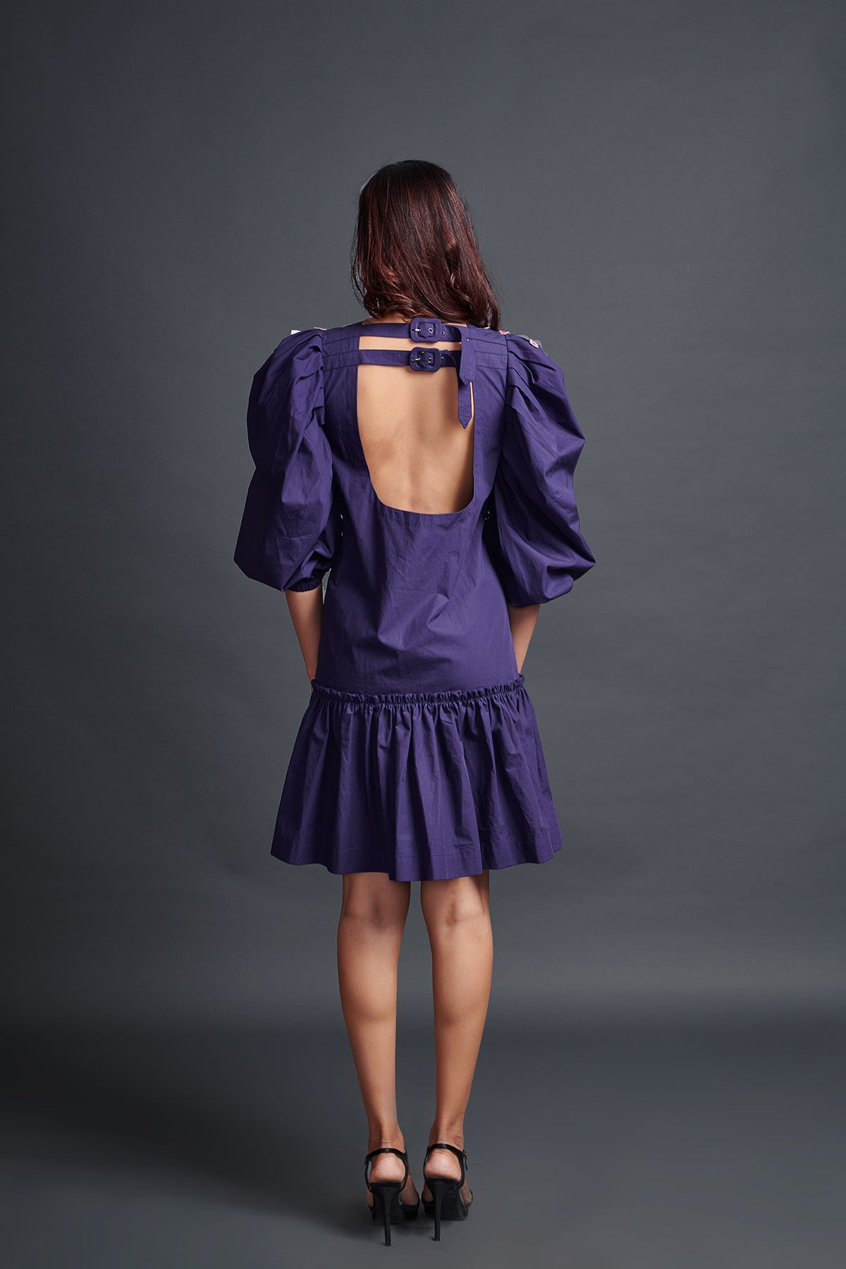 Image of PURPLE GATHERED BACKLESS DRESS IN COTTON BASE WITH CUTWORK EMBROIDERY. From savoirfashions.com