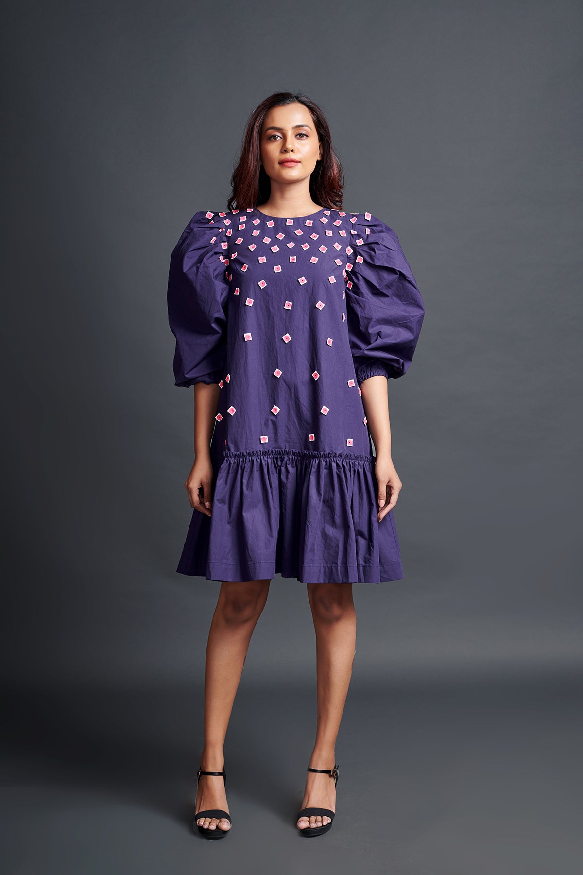 Image of PURPLE GATHERED BACKLESS DRESS IN COTTON BASE WITH CUTWORK EMBROIDERY. From savoirfashions.com