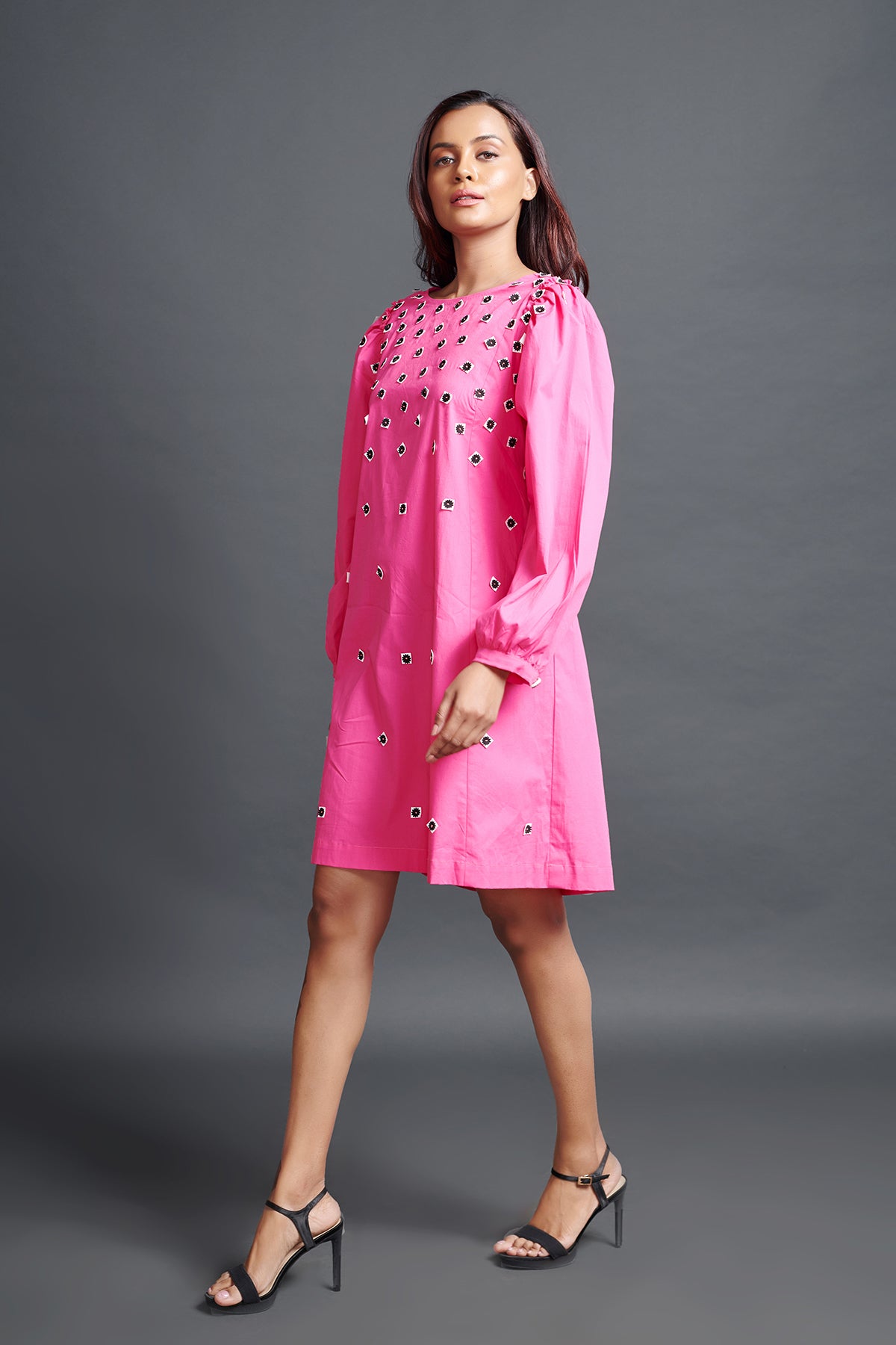 Image of PINK A-LINE DRESS IN COTTON BASE WITH EMBROIDERY AND BACK KNOT DETAIL. From savoirfashions.com