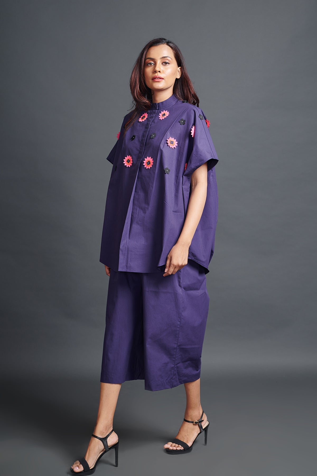 Image of PURPLE OVERSIZED SHIRT IN COTTON BASE WITH CUTWORK EMBROIDERY. IT IS PAIRED WITH MATCHING PANTS. From savoirfashions.com
