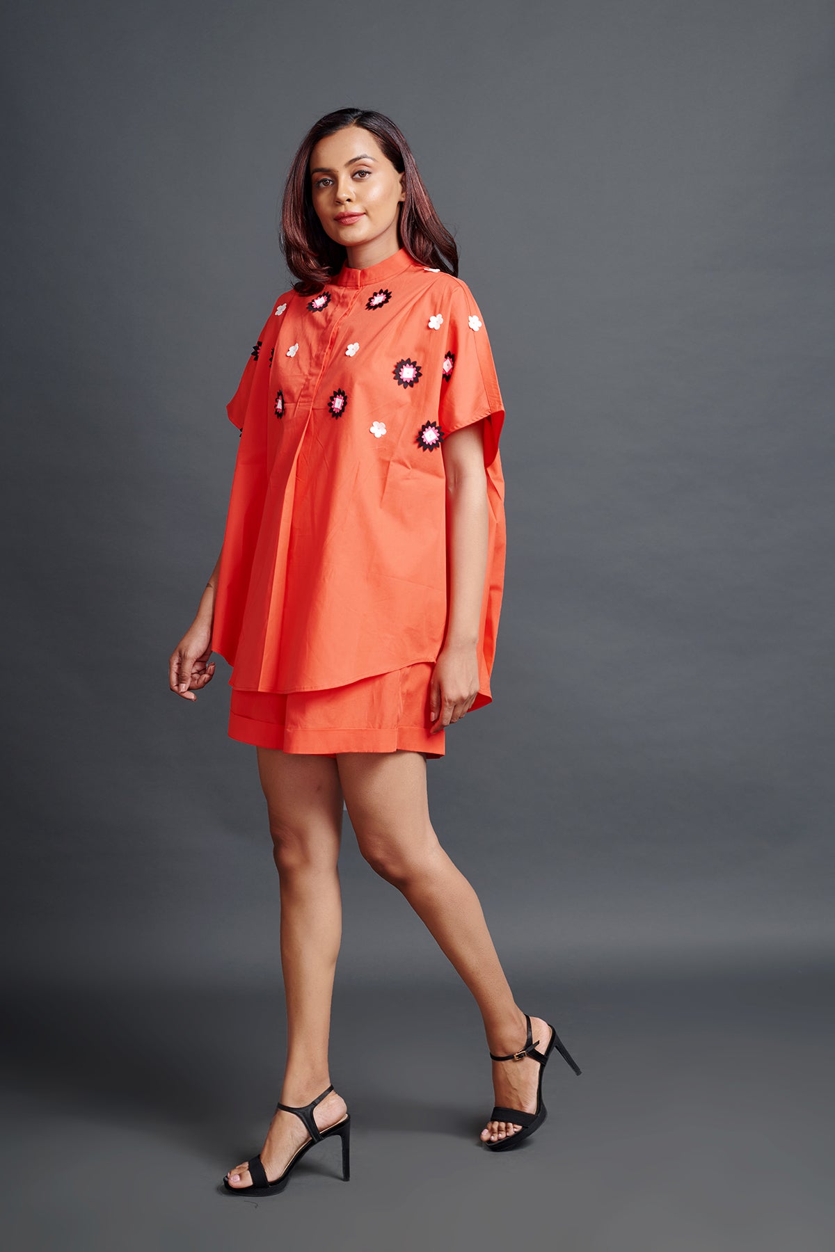 Image of ORANGE OVERSIZED SHIRT IN COTTON BASE WITH CUTWORK EMBROIDERY. IT IS PAIRED WITH MATCHING SHORTS., From savoirfashions.com