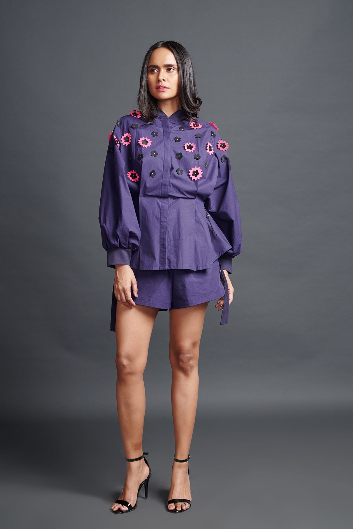 Image of PURPLE SHIRT IN COTTON BASE WITH PLEATED CONFETTI DETAIL. IT IS PAIRED WITH MATCHING SHORTS. From savoirfashions.com