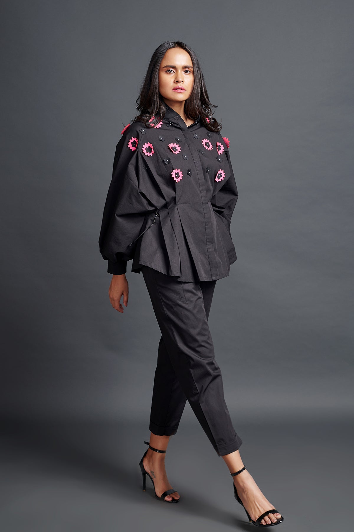 Image of BLACK SHIRT IN COTTON BASE WITH PLEATED CONFETTI DETAIL. IT IS PAIRED WITH MATCHING PANTS. From savoirfashions.com