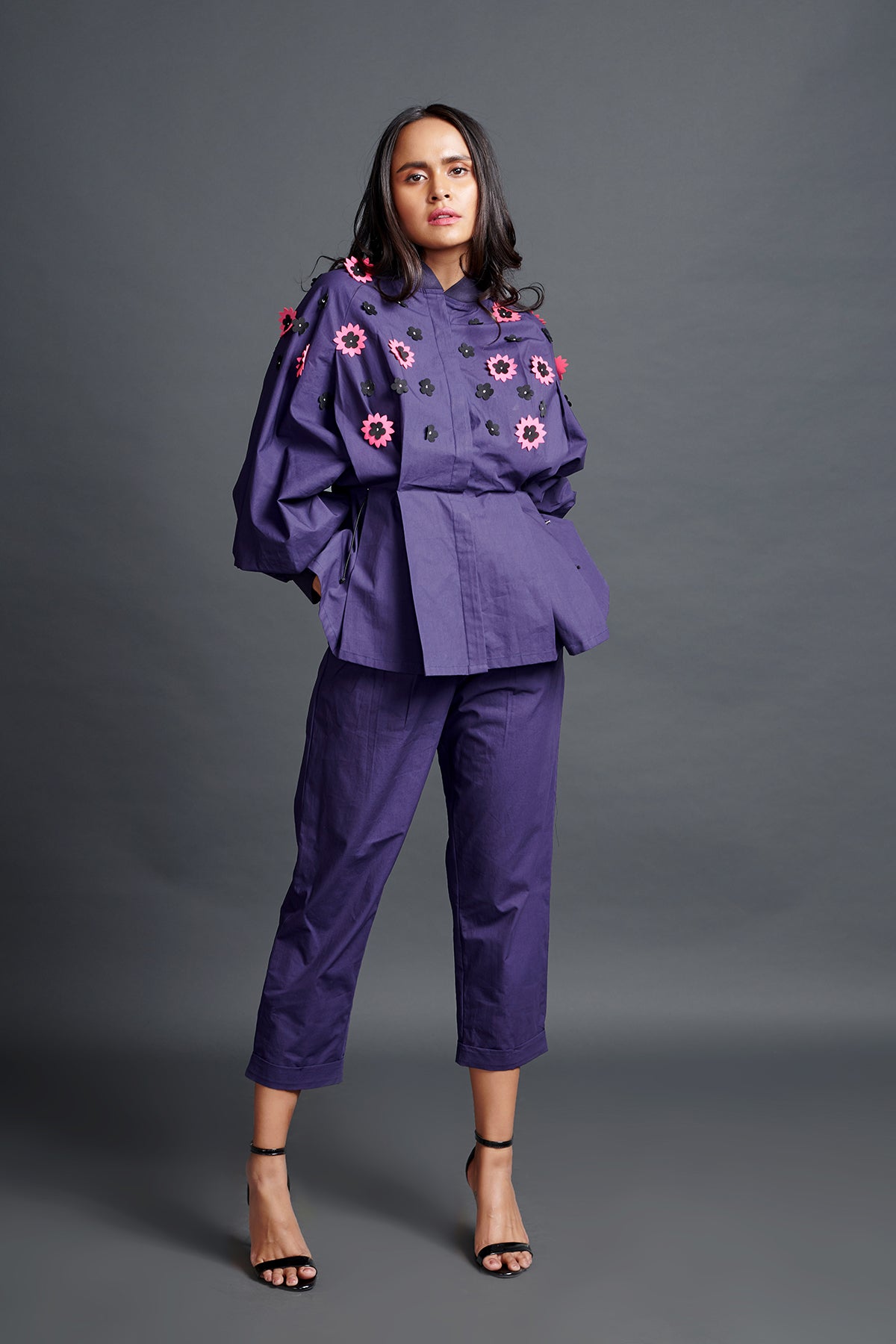 Image of PURPLE SHIRT IN COTTON BASE WITH PLEATED CONFETTI DETAIL. IT IS PAIRED WITH MATCHING PANTS. From savoirfashions.com