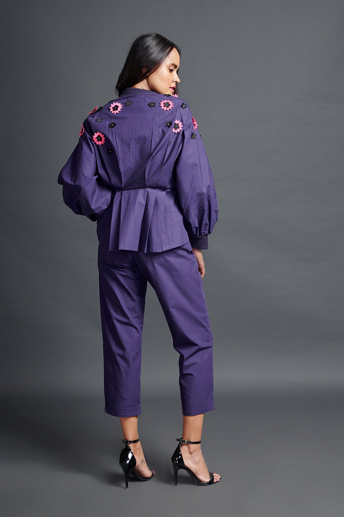 Image of PURPLE SHIRT IN COTTON BASE WITH PLEATED CONFETTI DETAIL. IT IS PAIRED WITH MATCHING PANTS. From savoirfashions.com
