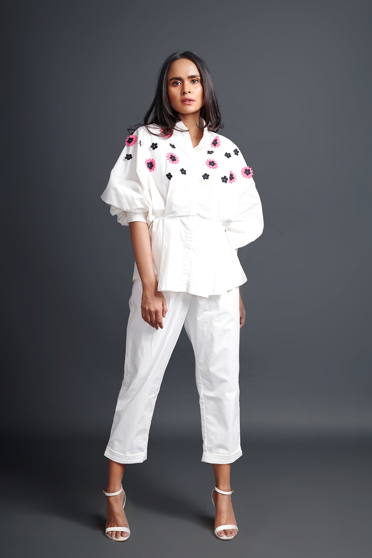 Image of WHITE SHIRT IN COTTON BASE WITH PLEATED CONFETTI DETAIL. IT IS PAIRED WITH MATCHING PANTS. From savoirfashions.com
