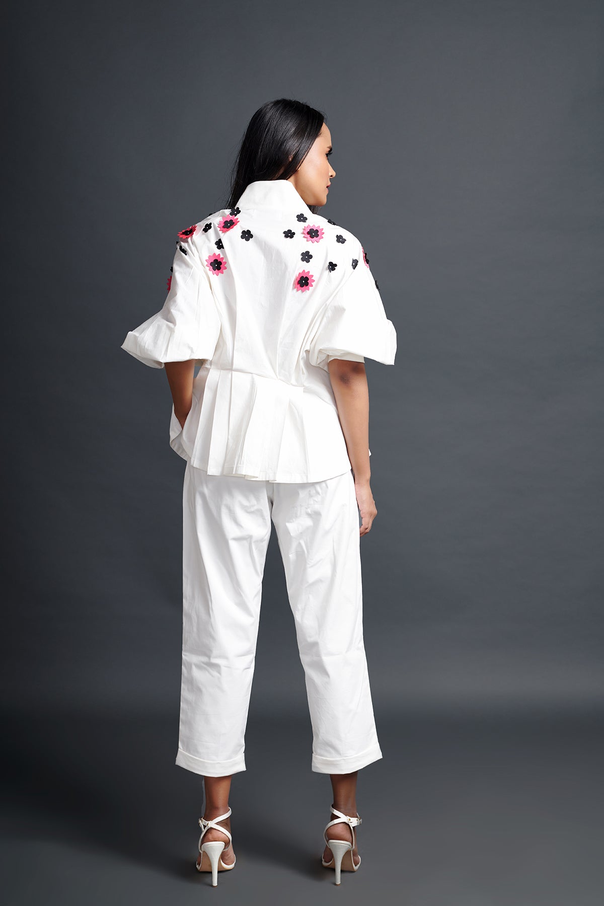 Image of WHITE SHIRT IN COTTON BASE WITH PLEATED CONFETTI DETAIL. IT IS PAIRED WITH MATCHING PANTS. From savoirfashions.com