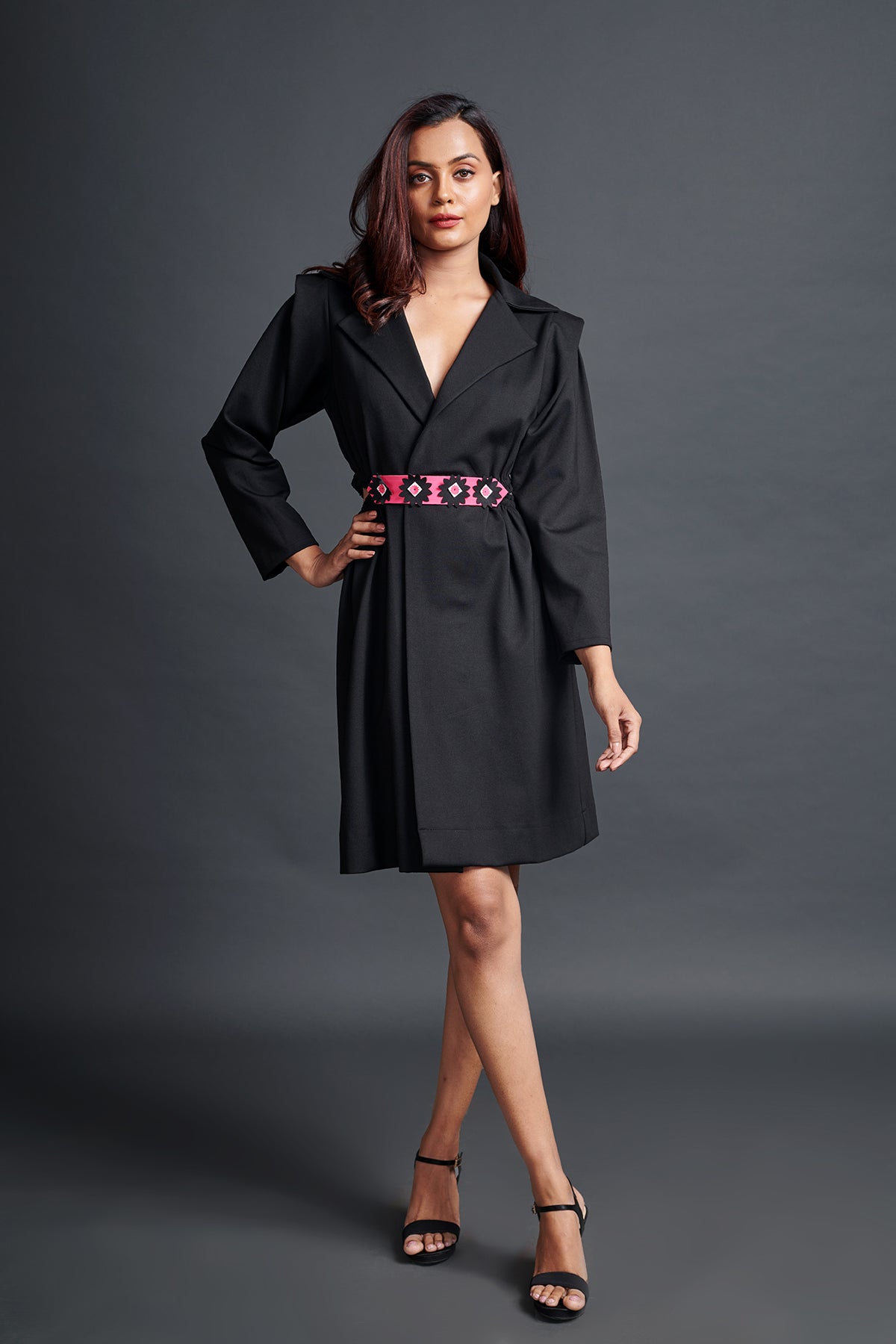 Image of BLACK SIDE CUT JACKET DRESS WITH NEON FLOWER BELT. From savoirfashions.com