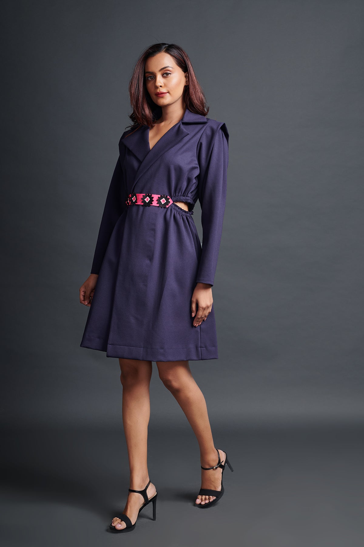Image of PURPLE SIDE CUT JACKET DRESS WITH NEON FLOWER BELT. From savoirfashions.com