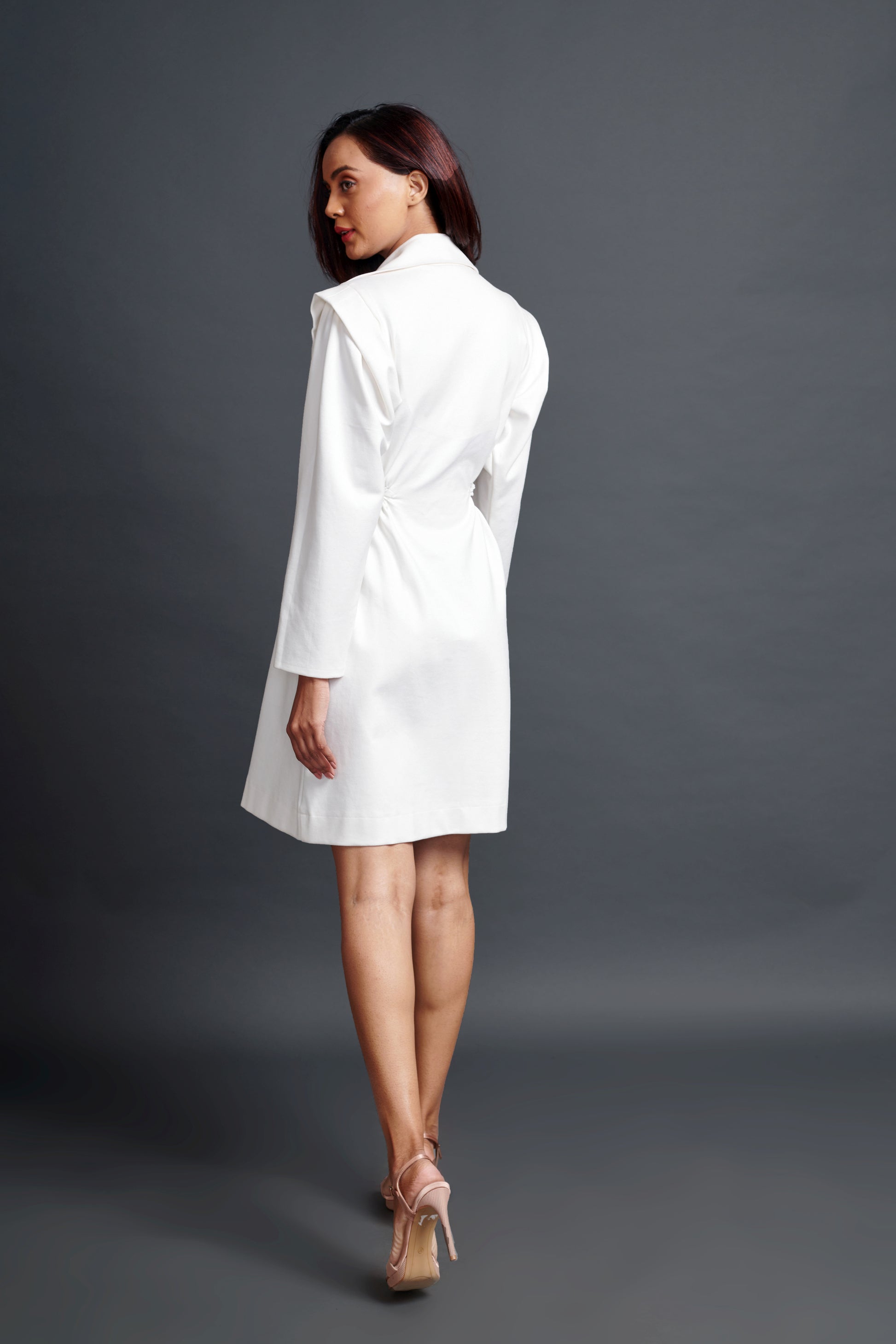 Image of WHITE SIDE CUT JACKET DRESS WITH NEON FLOWER BELT, From savoirfashions.com