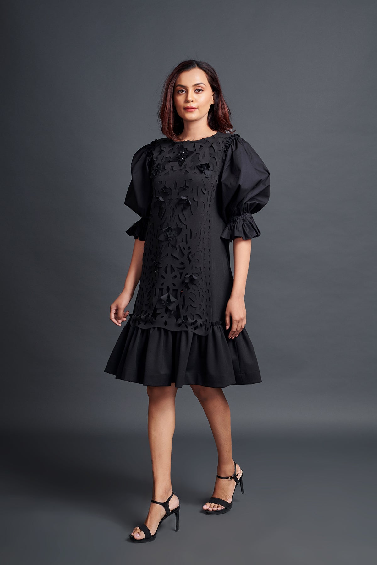 Image of BLACK HAND EMBROIDERED CUTWORK PANELLED DRESS, From savoirfashions.com