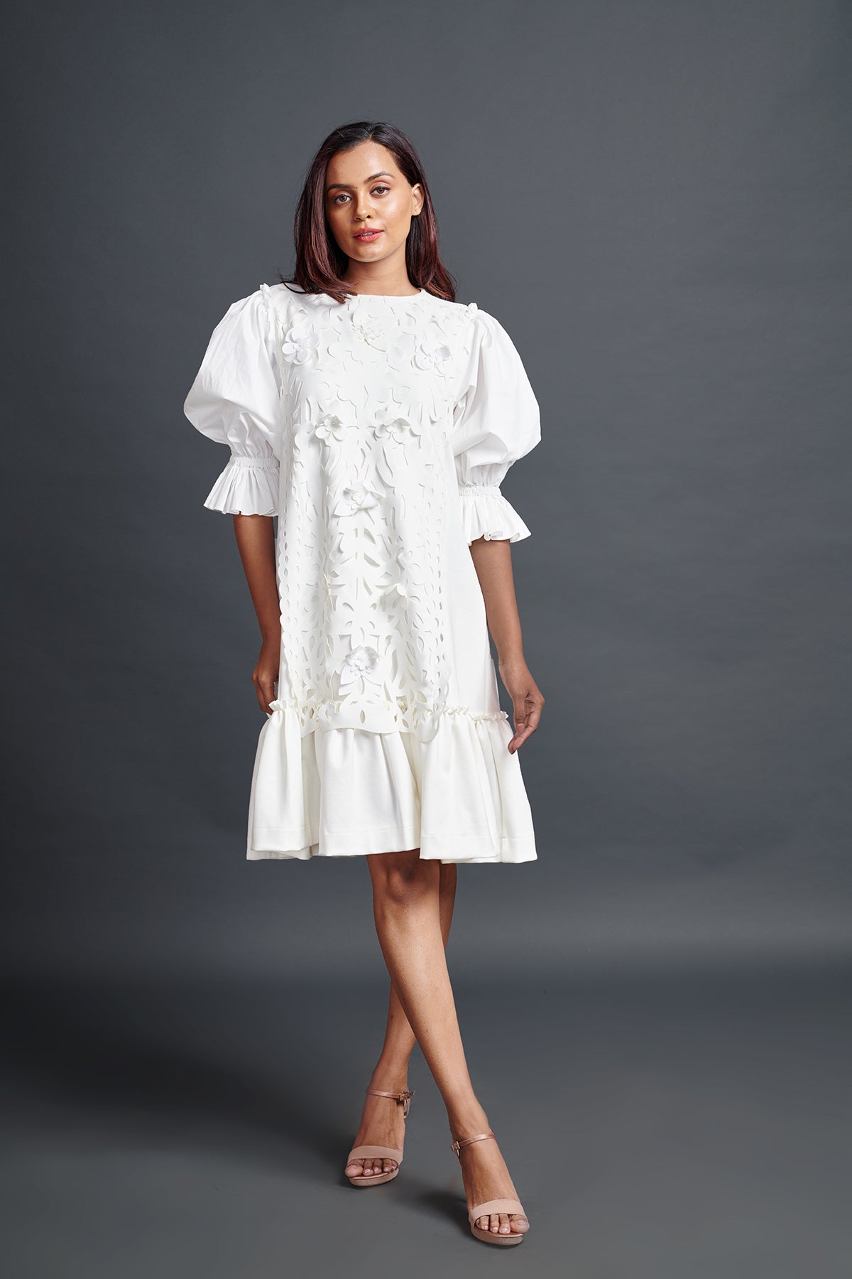 Image of WHITE HAND EMBEROIDERED CUTWORK PANELED DRESS. From savoirfashions.com