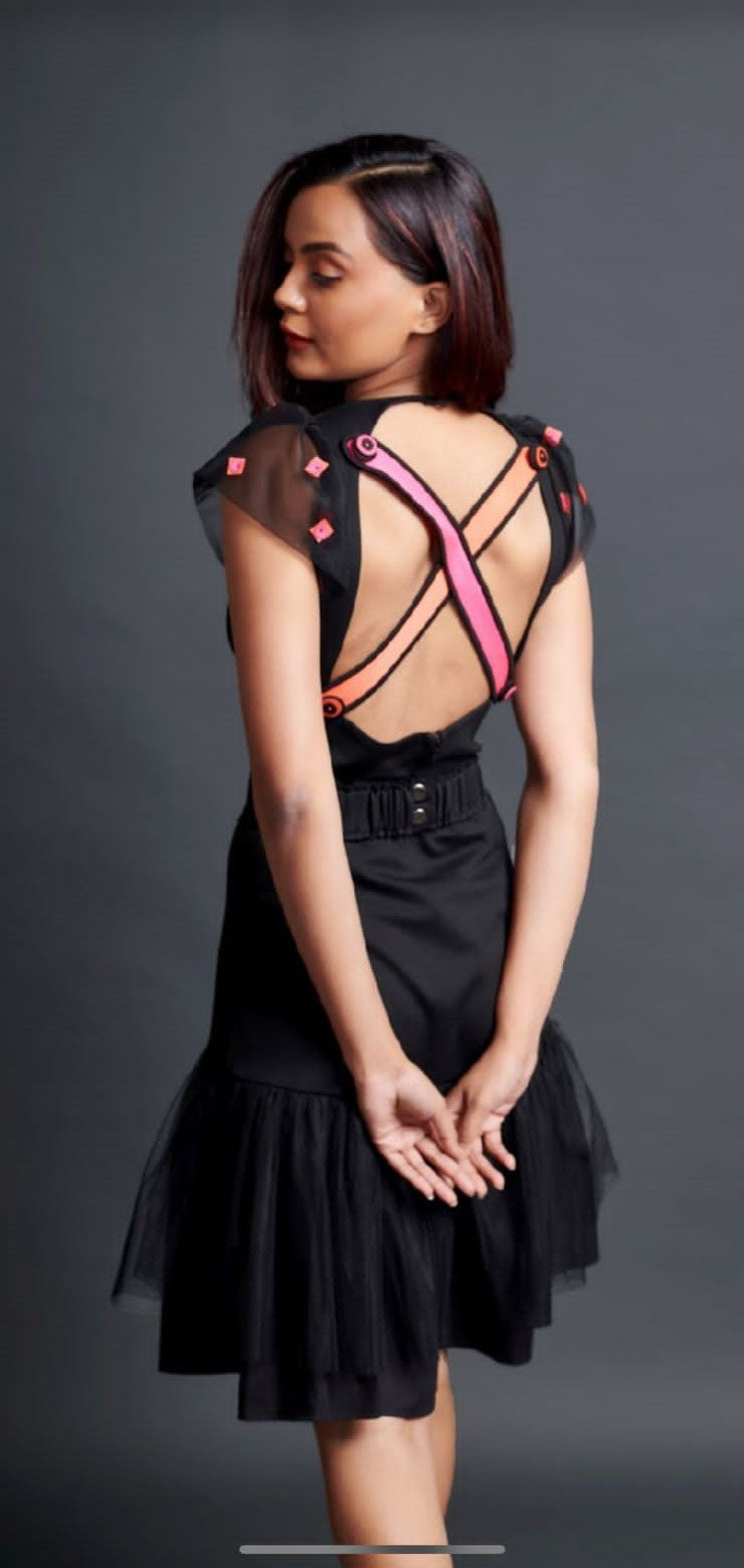 Image of BLACK NEON CROSS BODYSUIT WITH HIGH LOW SKIRT. From savoirfashions.com