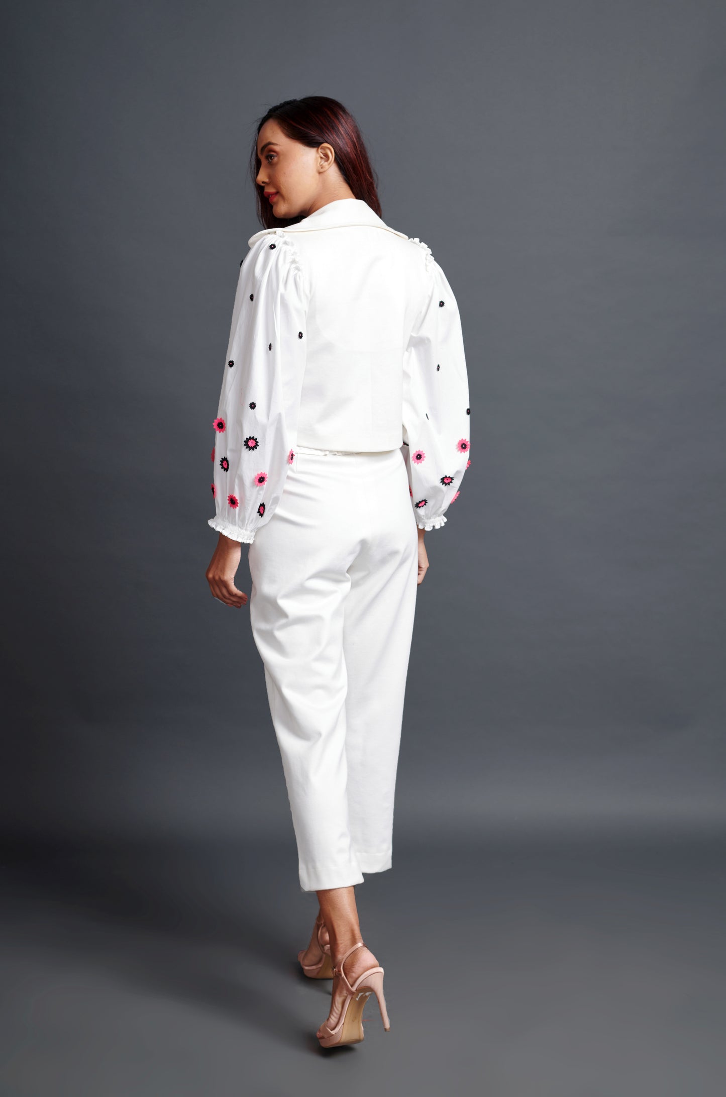 mage of WHITE CUT WORK DETAILED SLEEVED OVERLAP CROP JACKET AND PANTS. From savoirfashions.com