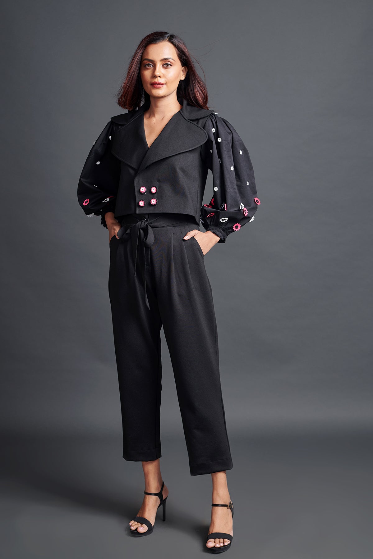 Image of BLACK CUT WORK DETAILED SLEEVED OVERLAP CROP JACKET AND PANTS. From savoirfashions.com
