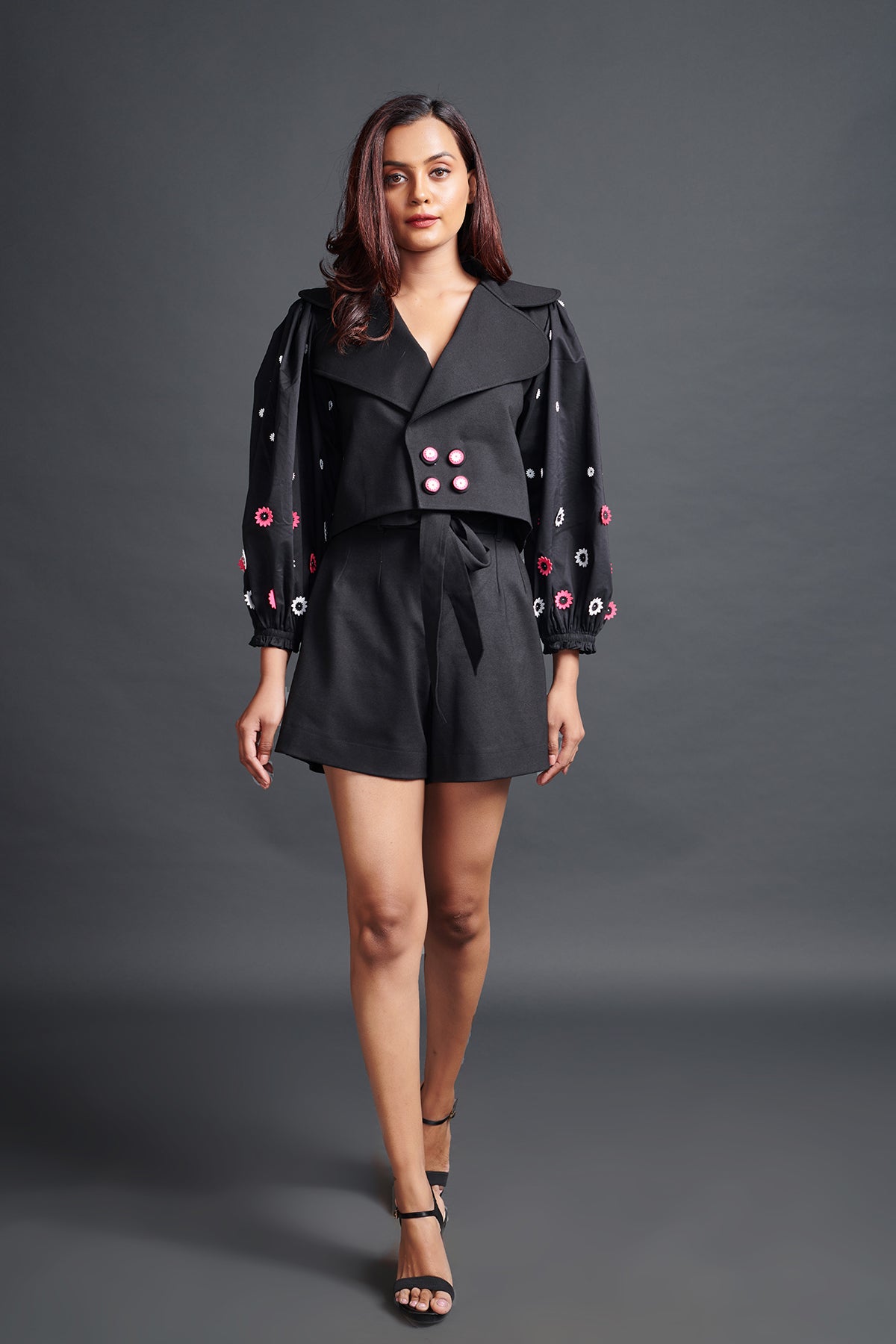 Image of BLACK CUT WORK DETAILED SLEEVED OVERLAP CROP JACKET AND SHORTS. From savoirfashions.com