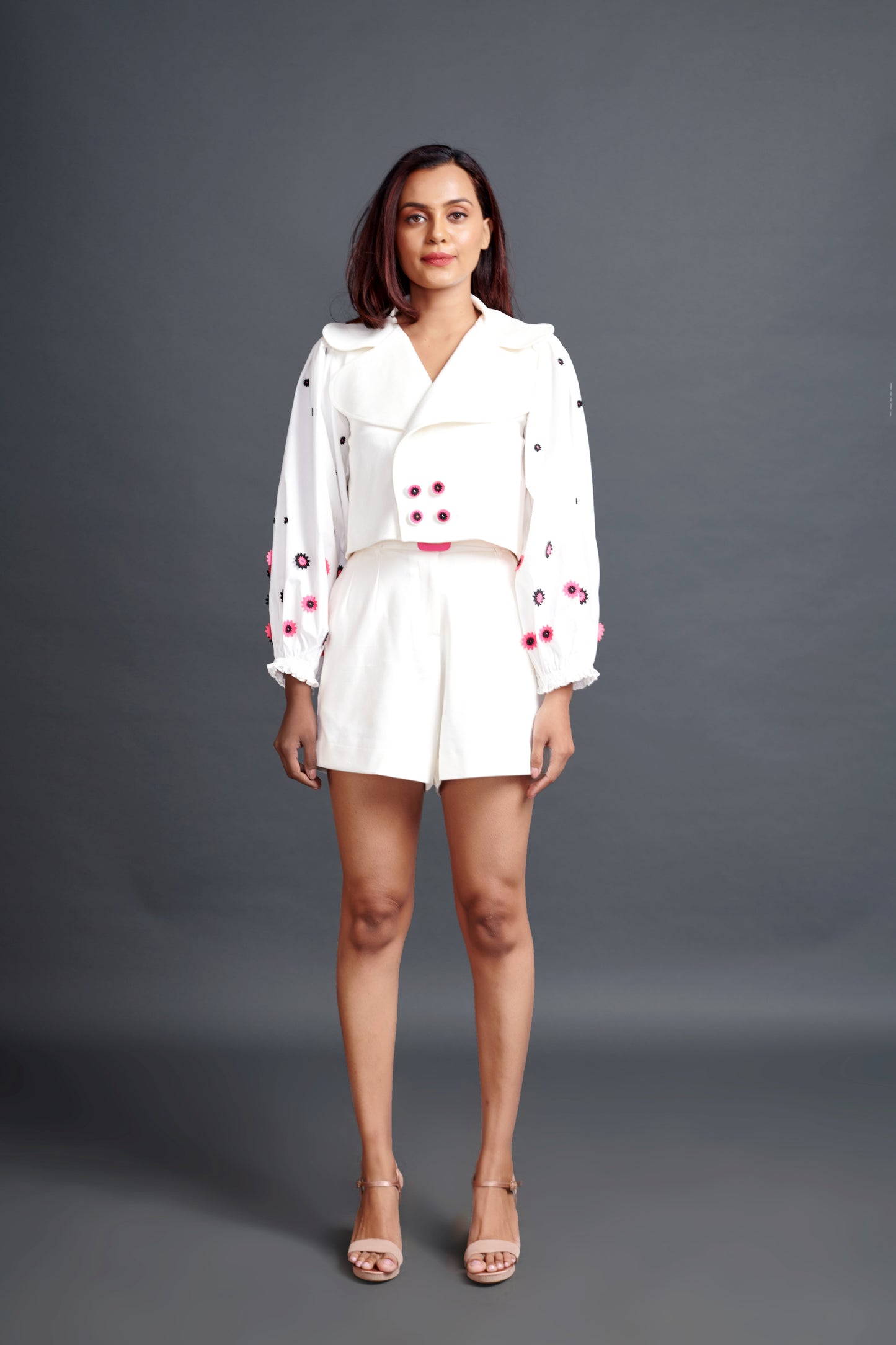 Image of WHITE CUT WORK DETAILED SLEEVED OVERLAP CROP JACKET AND SHORTS. From savoirfashions.com