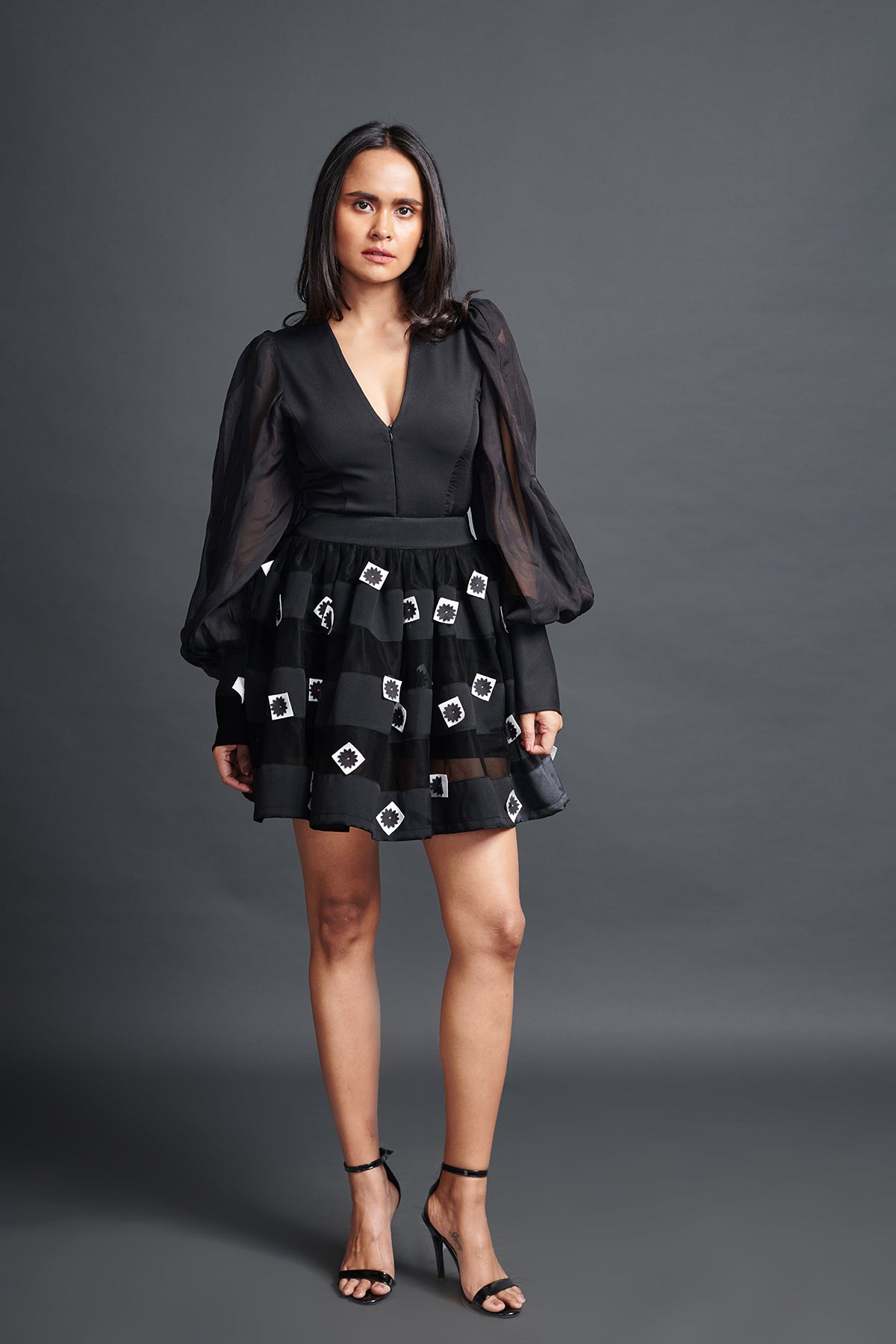 Image of BLACK ORGANZA CO-ORD SHORT SKIRT SET WITH CONFETTI ON SKIRT. From savoirfashions.com