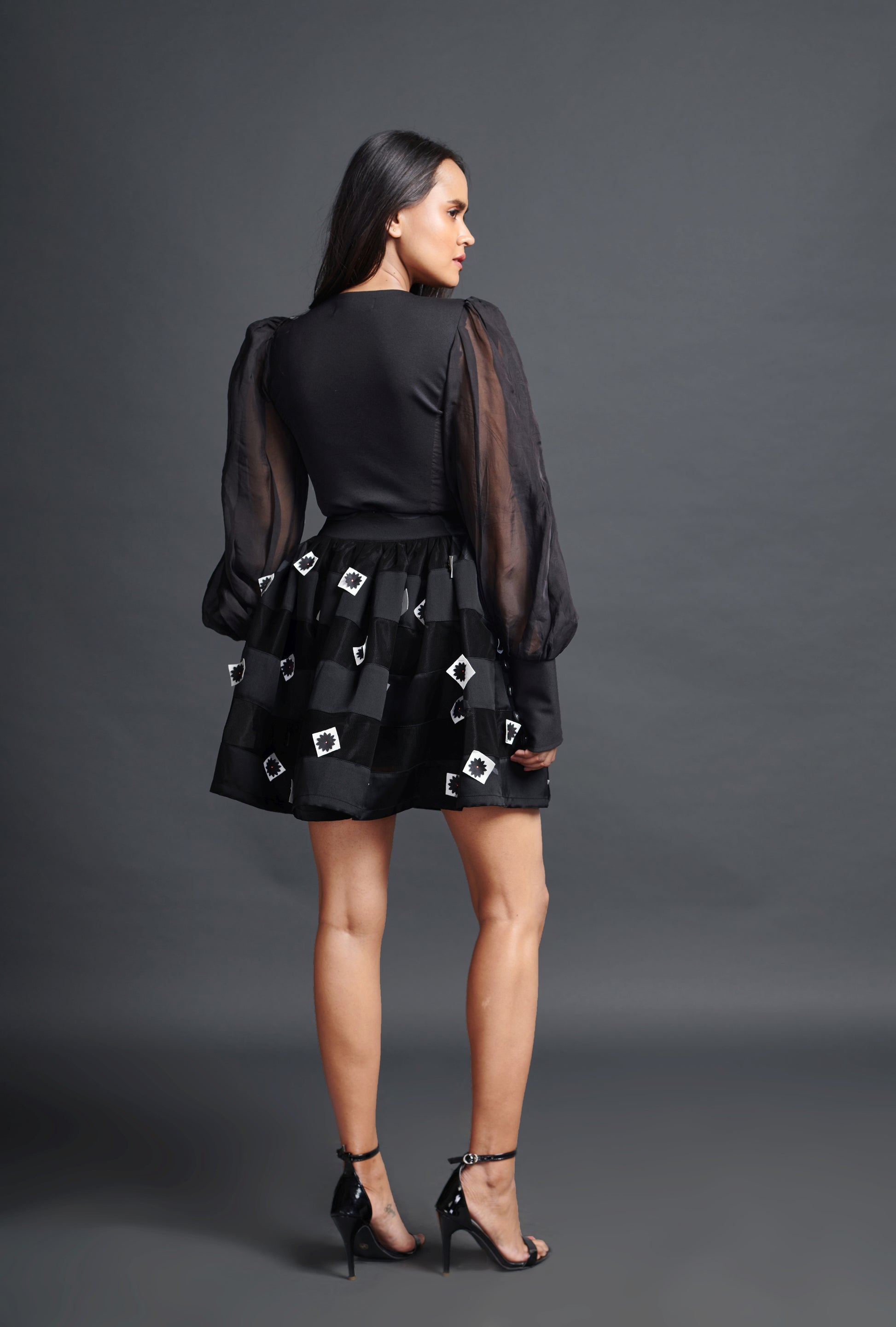 mage of BLACK ORGANZA CO-ORD SHORT SKIRT SET WITH CONFETTI ON SKIRT. From savoirfashions.com