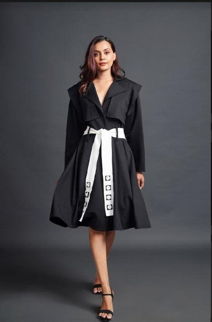 Image of BLACK A SUMURAI INSPIRED JACKET DRESS WITH SASH BELT. From savoirfashions.com