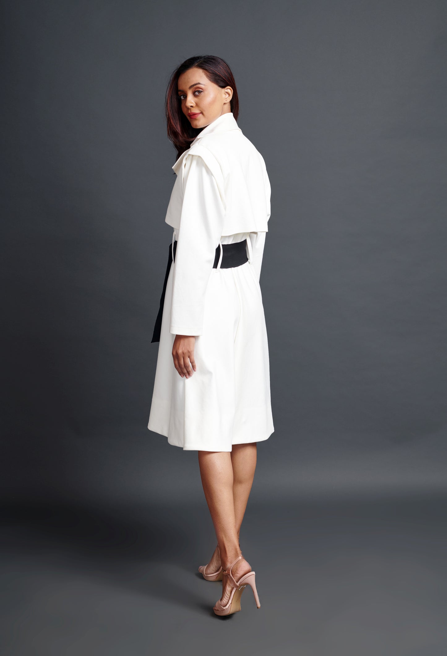 Image of WHITE A SUMURAI INSPIRED JACKET DRESS WITH SASH BELT. From savoirfashions.com