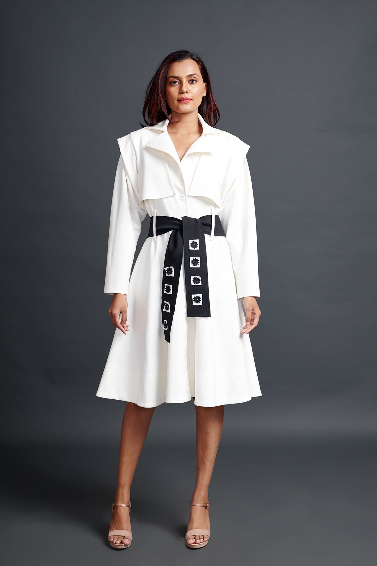 Image of WHITE A SUMURAI INSPIRED JACKET DRESS WITH SASH BELT. From savoirfashions.com