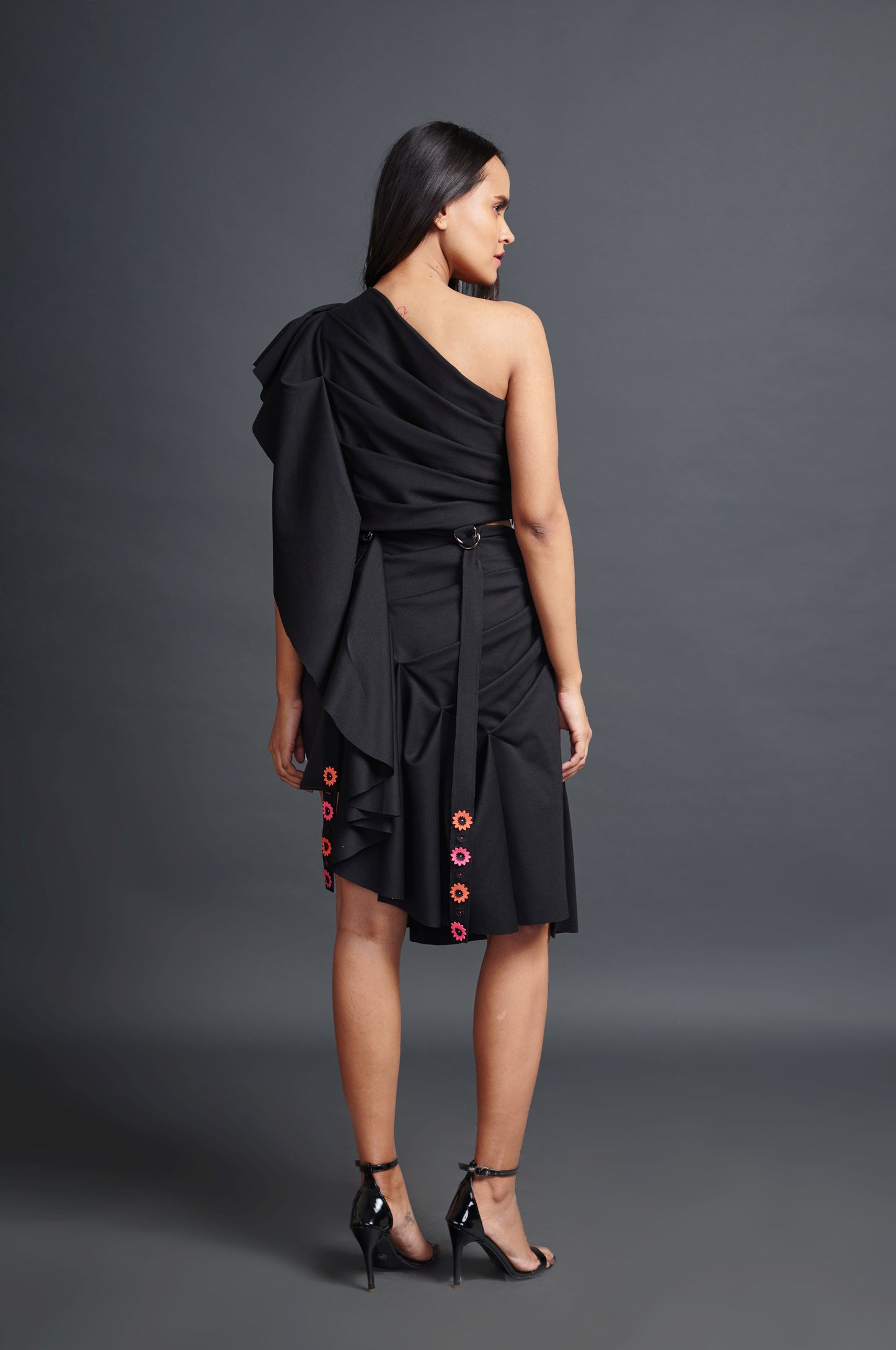 Image of BLACK ONE SHOULDER DETACHABLE DRAPE CO-ORD SET. From savoirfashions.com