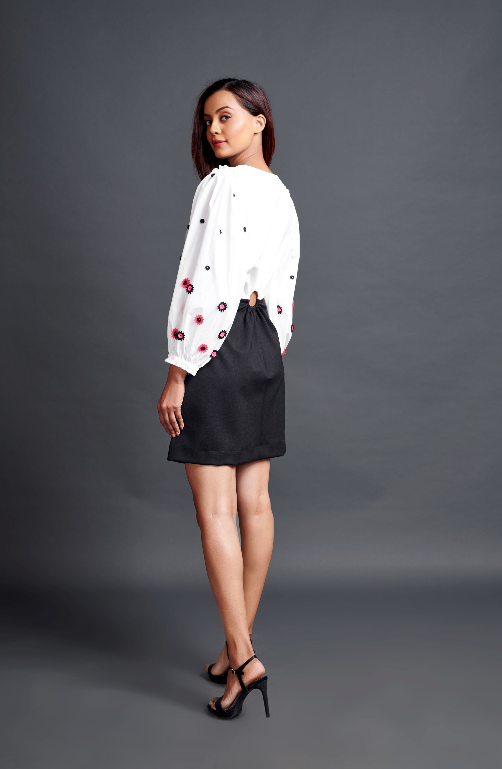 Image of WHITE SIDE CUTOUT DRESS WITH CUTWORK EMBROIDERED SLEEVES. From savoirfashions.com