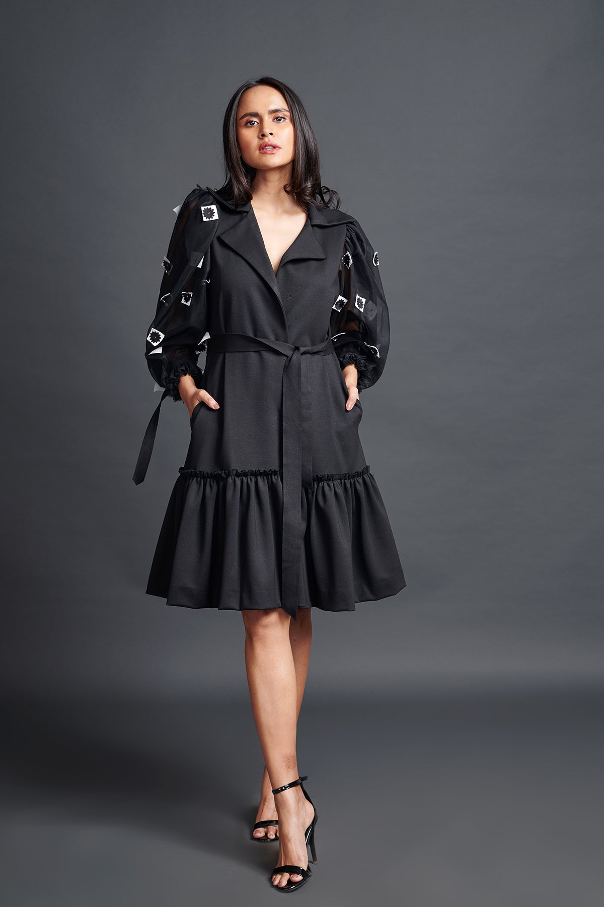 Image of BLACK JACKET DRESS WITH CUTWORK ON PUFFED SLEEVES. From savoirfashions.com