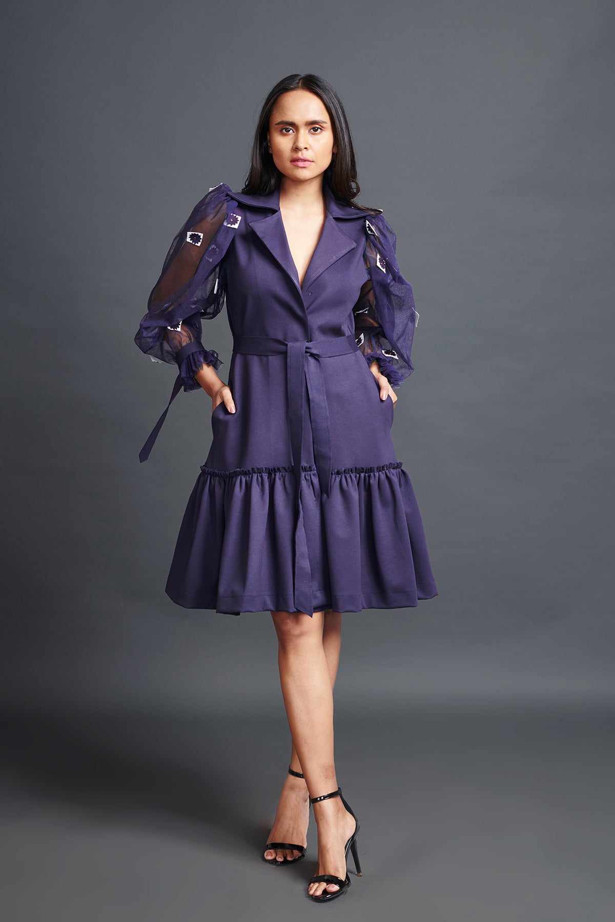 Image of PURPLE JACKET DRESS WITH CUTWORK ON PUFFED SLEEVES. From savoirfashions.com