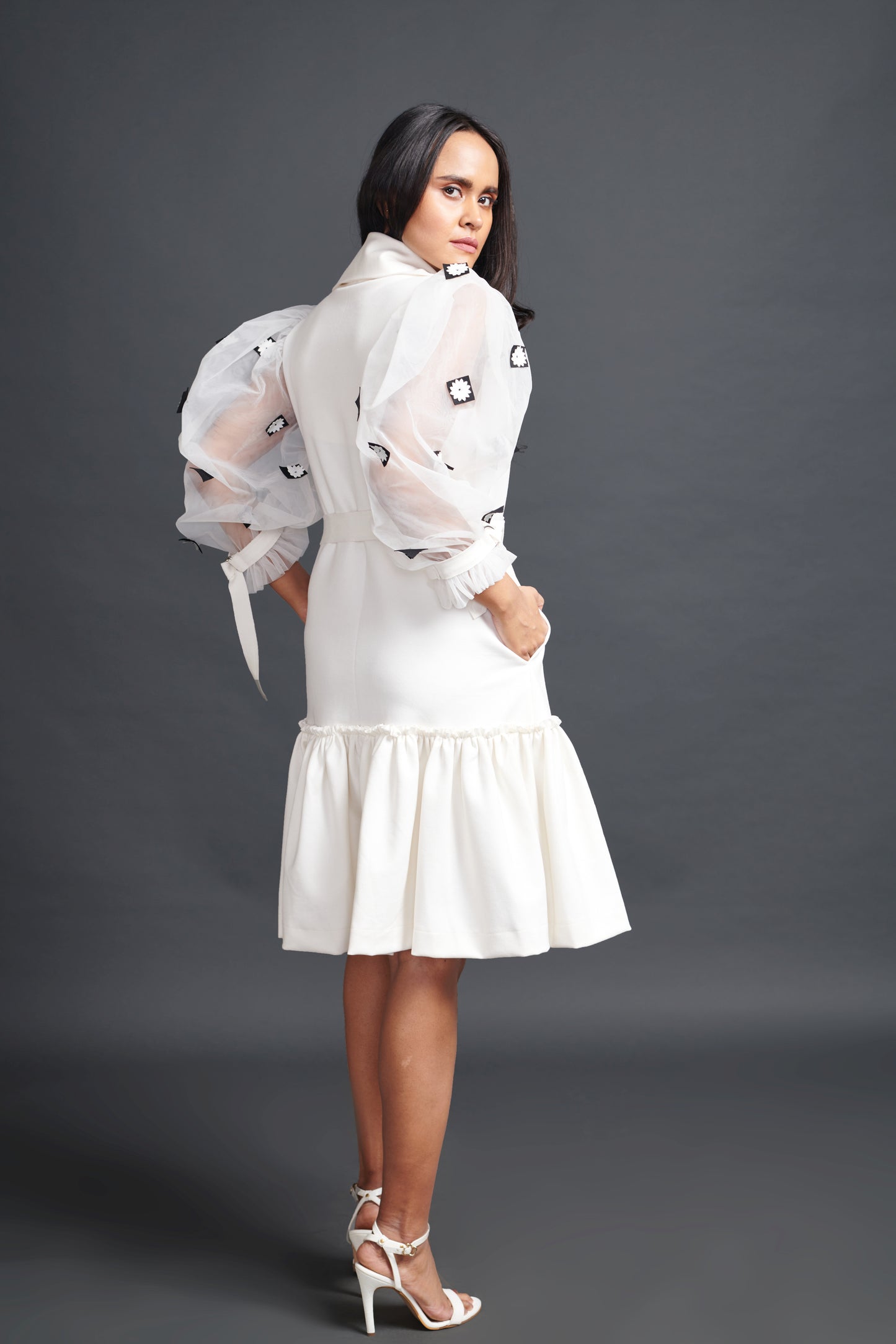 Image of WHITE JACKET DRESS WITH CUTWORK ON PUFFED SLEEVES. From savoirfashions.com
