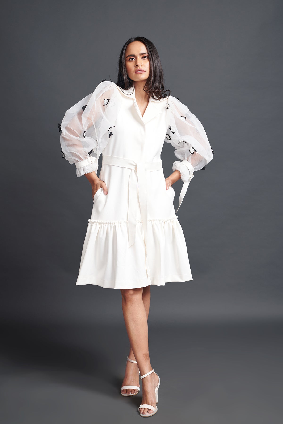 Image of WHITE JACKET DRESS WITH CUTWORK ON PUFFED SLEEVES. From savoirfashions.com 
