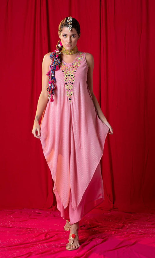 Image of Achieve a unique style with this MOOSE PINK V TUNIC TWIN SET with neon thread, metallic and mirror embroidery, paired with a straight palazzo pants. This exceptional design is perfect for special occasions and features a timeless motif, subtly enhanced with a modern twist.  From savoirfashions.com