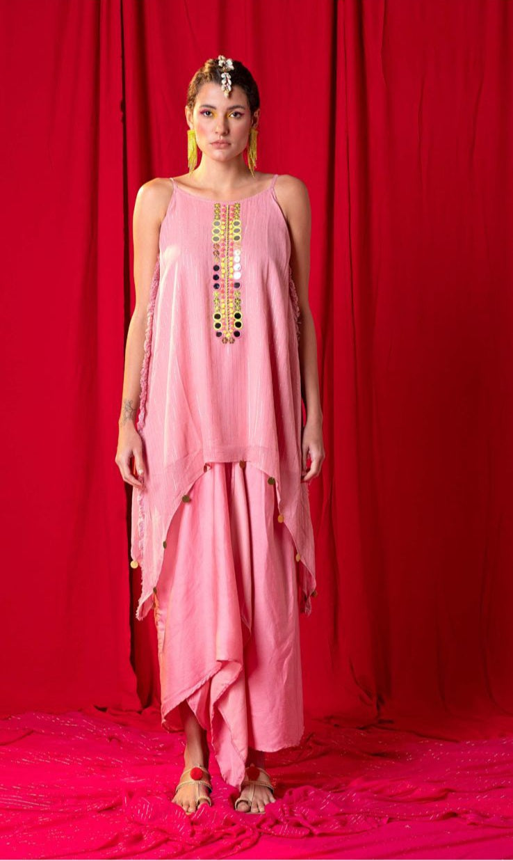Image of This MOOSE PINK SPAGHETTI TUNIC TWIN SET is ideal for any special occasion. The set is made from soft georgette and features a spaghetti tunic embellished with neon, metallic and mirror embroidery. The perfect pairing is the draped skirt that completes the look.  From savoirfashions.com