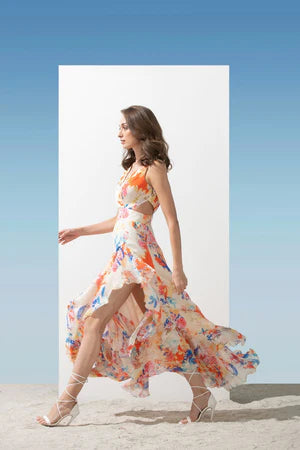 Image of CHIFFON MULTI CORAL PRINTED CUT OUT DRESS. From savoirfashions.com