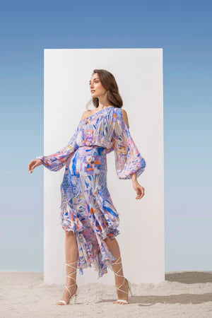 Image of CHIFFON BLUE MULTI PRINTED DRESS. From savoirfashions.com