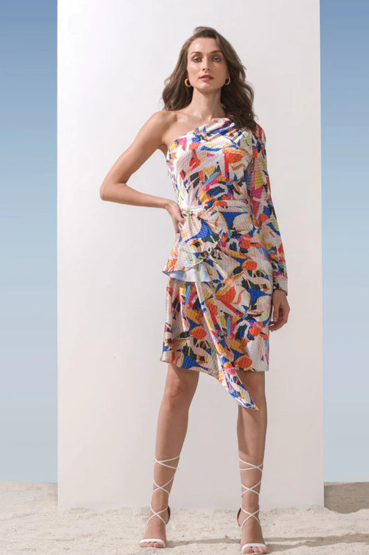 Image of SATIN GEOMETRIC ONE SHOULDER DRESS. From savoirfashions.com