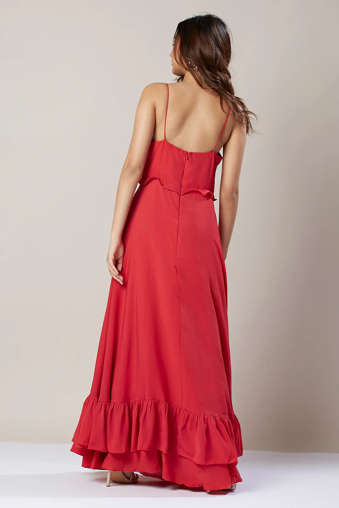 Image of Gorgeous and modern, this STRAPPY RED DRESS EMBELLISHED WITH RUFFLES is a must-have for any wardrobe. Crafted from quality crepe fabric and featuring ruffle detailing, this dress is designed to provide a timeless and elegant look. It's perfect for any occasion! From savoirfashions.com
