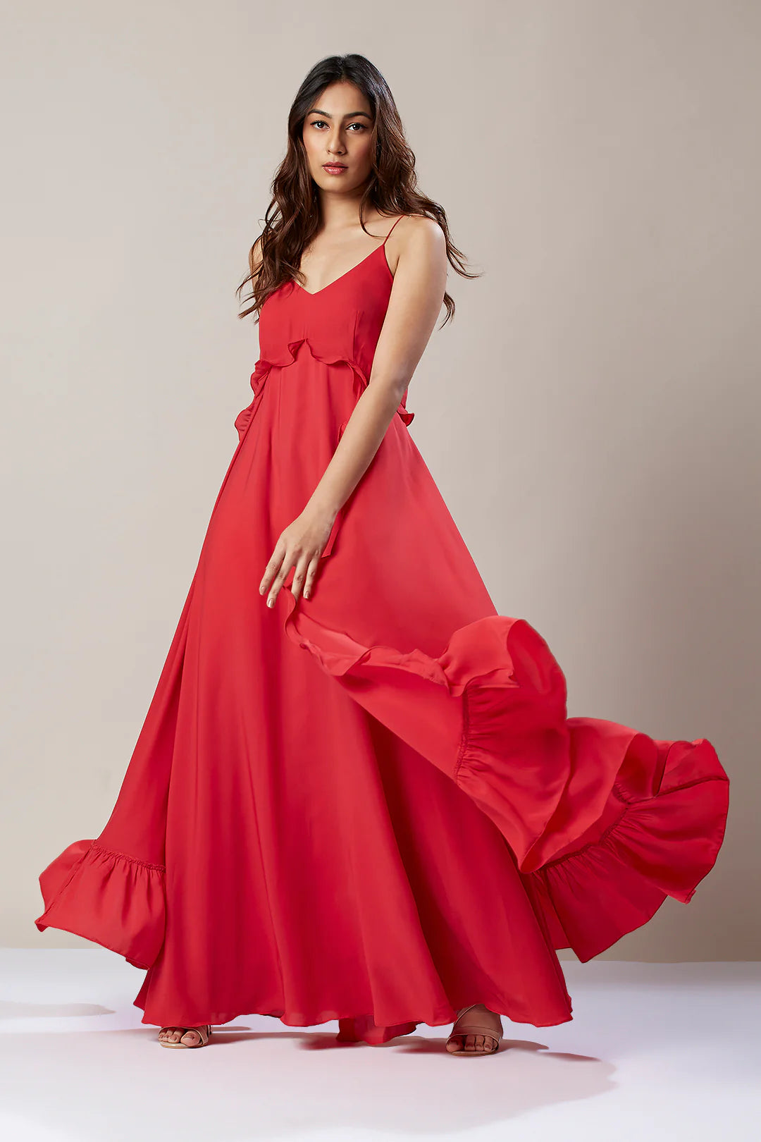 Image of Gorgeous and modern, this STRAPPY RED DRESS EMBELLISHED WITH RUFFLES is a must-have for any wardrobe. Crafted from quality crepe fabric and featuring ruffle detailing, this dress is designed to provide a timeless and elegant look. It's perfect for any occasion!  From savoirfashions.com
