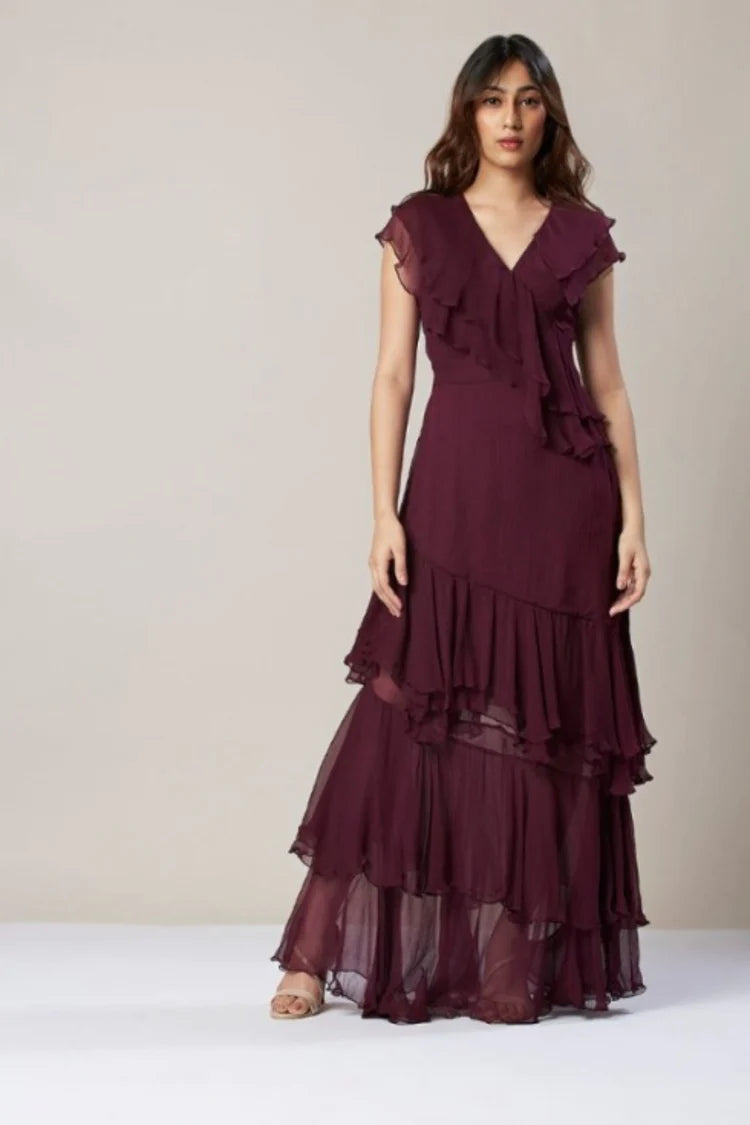 Image of The Multi-Layer Ruffle Gown is perfect for special occasions. It features a multi-layered ruffle skirt which adds an elegant touch to the design. The mid-waist style of the gown provides a figure-flattering look. The fine fabric ensures a comfortable and soft-to-touch feel.  .  From savoirfashions.com