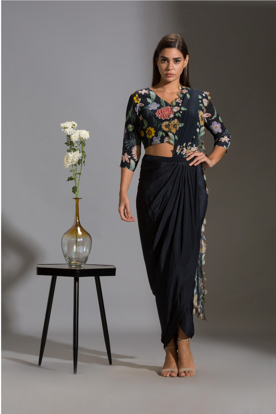 Image of FLORAL CROP TOP WITH PLAIN BLACK DREPE SKIRT. From savoirfashions.com