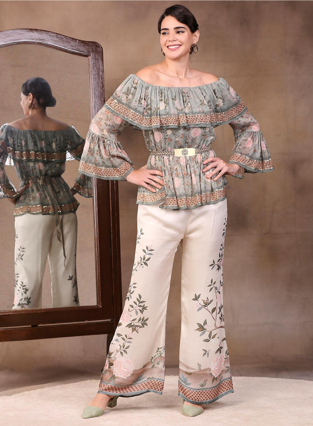 Image of This OFF SHOULDER TOP WITH PALAZZO PANT is an essential addition to any wardrobe. This combo is made from comfortable, breathable material and the off-shoulder design provides a flattering silhouette. The palazzo pants provide complete freedom of movement and a unique look. Perfect for any occasion!  From savoirfashions.com