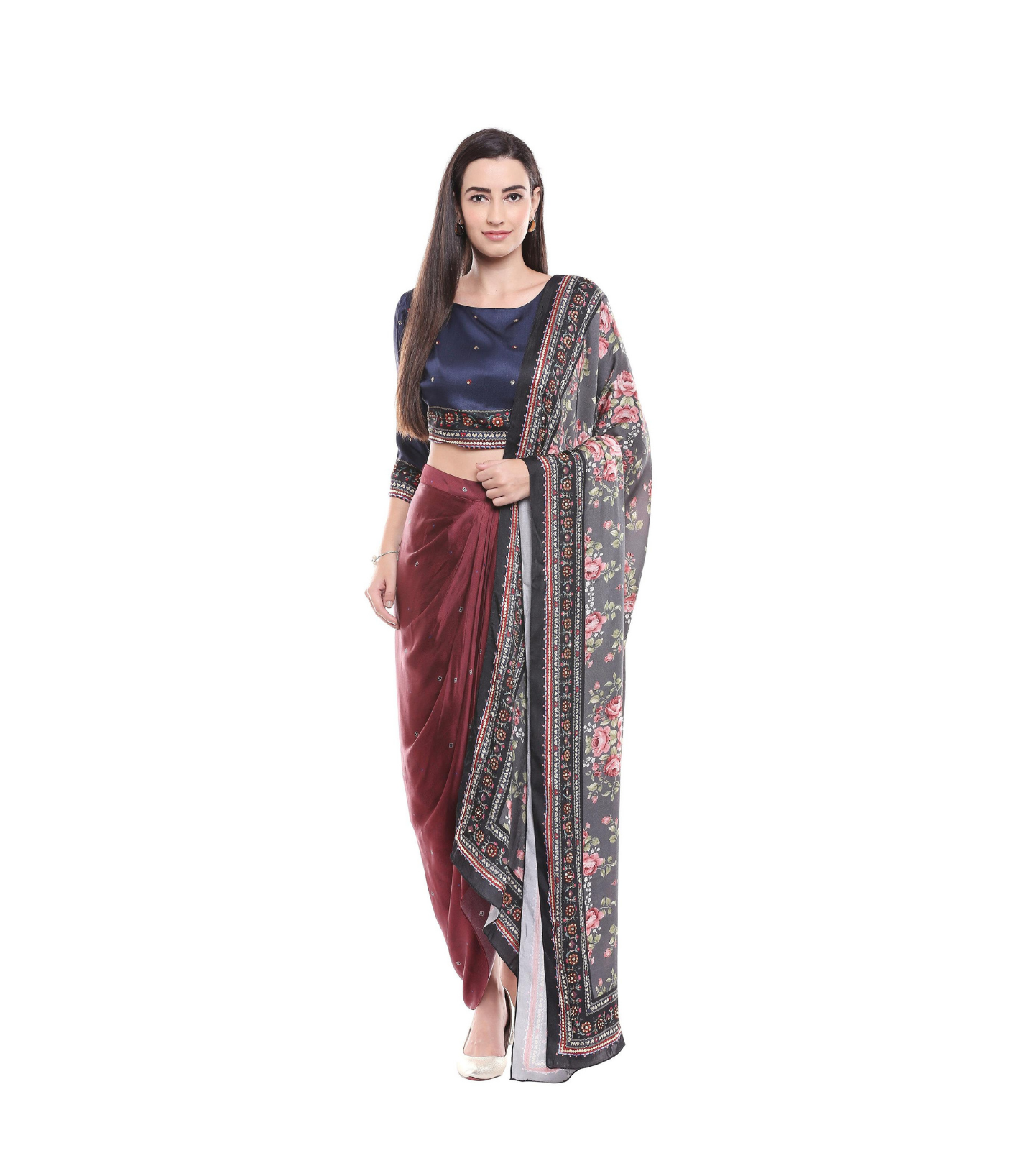 Image of This sensational CROP TOP WITH DRAPE SKIRT WITH STOLE is ideal for special occasions. Crafted with luxurious fabric, this stylish set features a crop top with a drape skirt and matching stole for a truly elegant and unforgettable look.  From savoirfashions.com