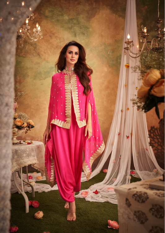 Pink Georgette Lace & Boota Embroidered Cape With Jumper