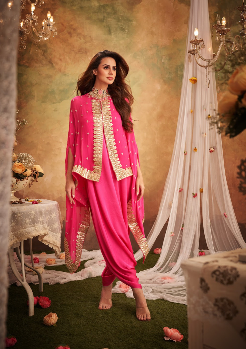 Pink Georgette Lace & Boota Embroidered Cape With Jumper