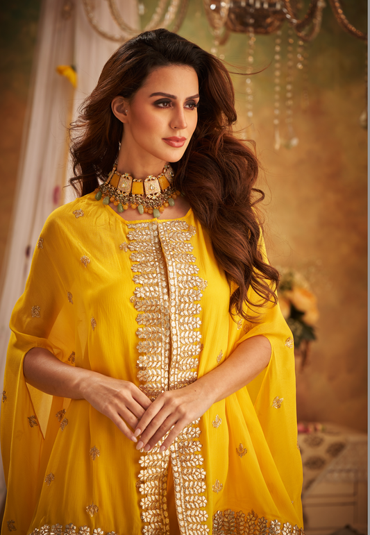 Yellow Georgette Lace & Boota Embroidered Cape With Jumper